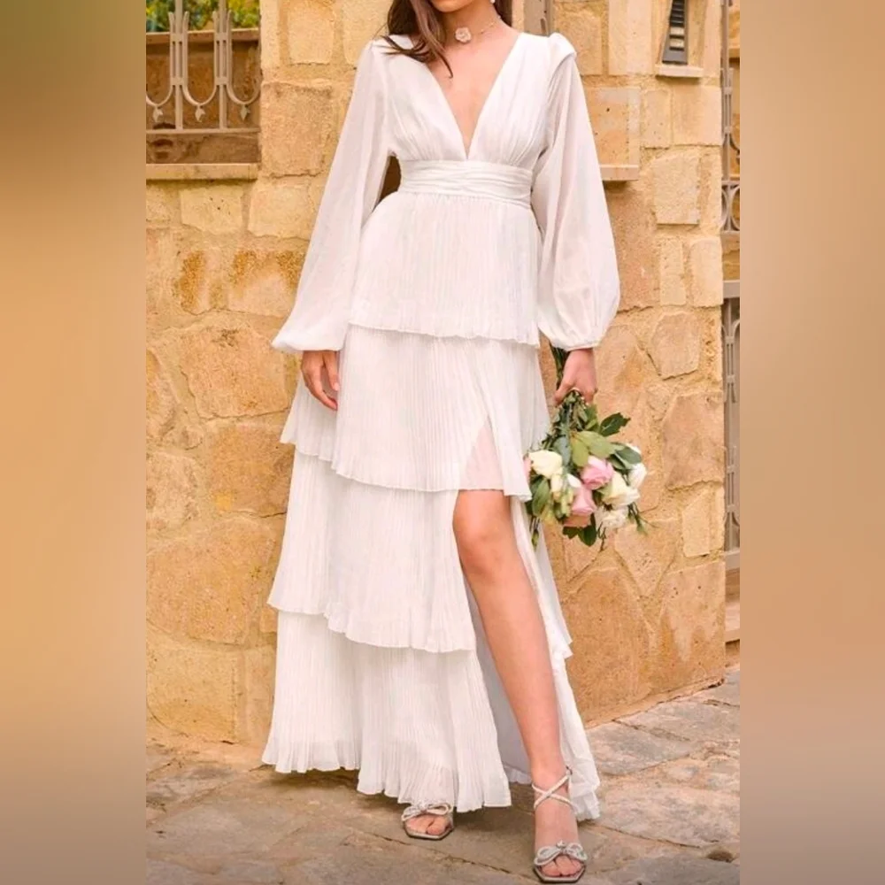 New Flowy Pleated Tiered Maxi Dress Bishop Long Sleeve White - Picture 9 of 11